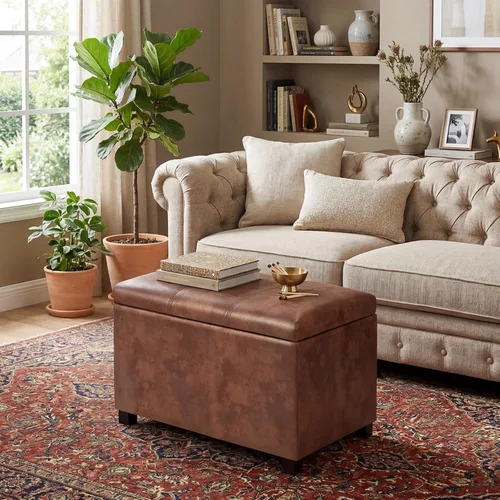 Vista 3 de Joveco Banco Otomán de Almacenamiento de Cuero de 24", Taburete de Reposapiés Rectangular para Sala de Estar, Dormitorio, Entrada, Mesa de Café