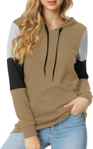 Vista 2 de CATHY Sudadera casual con cordón para mujer, manga larga, bloque de color, sudadera con capucha y bolsillo