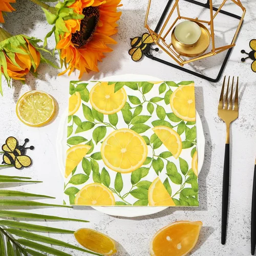 Vista 4 de Whaline 80 servilletas de papel de limón de verano, servilletas desechables de cítricos amarillos, ramas de limón, servilletas de cena para verano