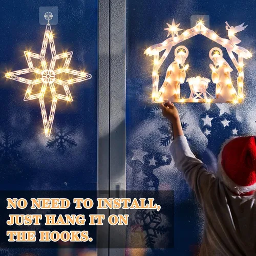 Vista 7 de Marchpower Paquete de 2 luces de silueta de ventana de Navidad, Belén iluminadas y estrella de Belén para decoración de ventanas, luces de ventana