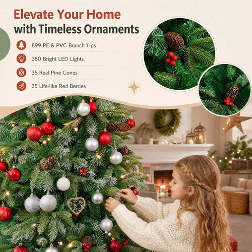 Vista 3 de COSTWAY Árbol de Navidad artificial de 6 pies, diseño preiluminado con Verde nevado