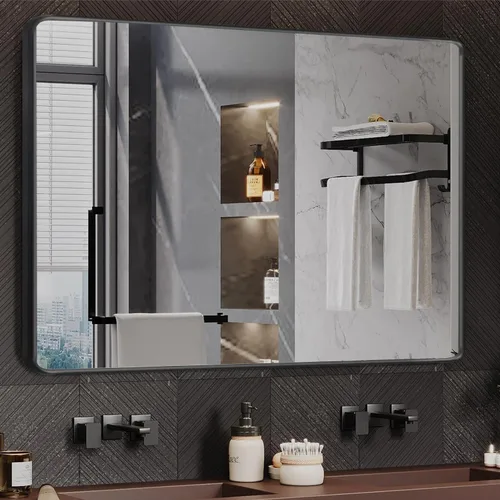 Vista 7 de Espejos con marco negro para baño, espejo rectangular de 55 x 30 pulgadas con esquinas redondeadas para pared, espejo de tocador negro mate