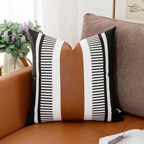 Vista 25 de Juego de 2 fundas de almohada bohemias a rayas de 16 x 16 pulgadas, fundas de almohada de cuero modernas para sofá, cama, decoración de granja