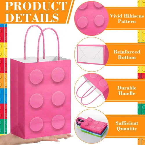 Vista 4 de PerKoop 24 bolsas de bloques de construcción, bolsas de papel para dulces de ladrillos, bolsas de regalo de fiesta con asa para niñas, bloques