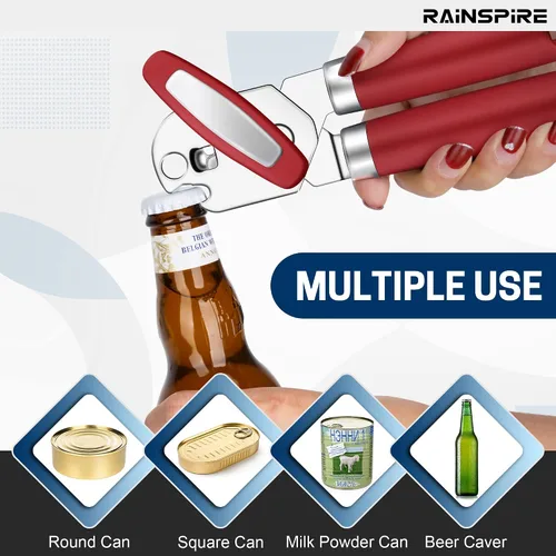 Vista 3 de Rainspire Abrelatas manual de mano fuerte manual de corte de borde liso, abrelatas resistente, mango suave cómodo, abrebotellas integrado, rojo