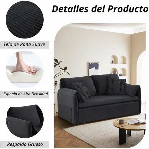 Vista 6 de Sofá cama Queen de 63.8 pulgadas, sofá cama convertible 3 en 1 con soporte para teléfono, puerto USB, cama extraíble de terciopelo