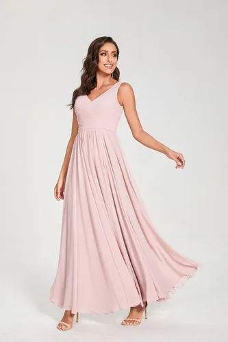 Vista 4 de WaterDress Vestido de dama de honor con cuello en V largo con abertura de gasa acampanado plisado vestidos formales para mujer WD1932P