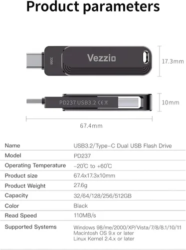 Vista 7 de Vezzio Unidades flash USB de 32 GB 2 en 1 OTG USB 3.2+ tipo C Dual USB, memoria de diseño giratorio para iPhone 15/16/17 Series, iPad, teléfono
