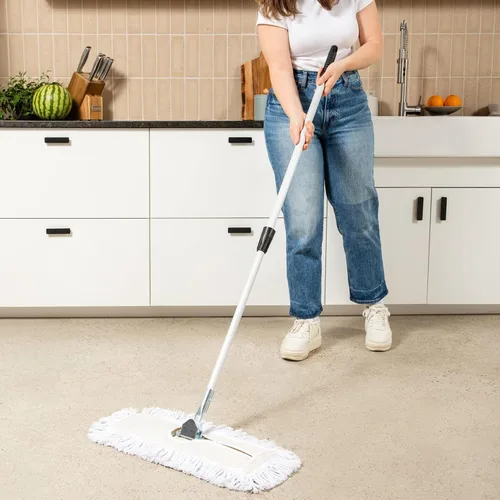 Vista 2 de Trapeador de polvo comercial – Barredora de piso de 18 pulgadas para madera dura, cabezal de trapeador de algodón reutilizable, mango extensible