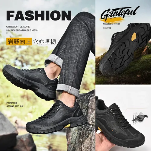 Vista 5 de Zapatillas de senderismo de cuero genuino para hombre, impermeables, clásicas, con cordones, antideslizantes, suela suave, zapatos de trabajo