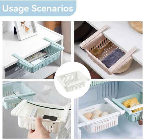 Vista 9 de Cyrank Organizador de cajones para refrigerador, cajón ajustable para refrigerador, caja de almacenamiento retráctil para refrigerador, estante