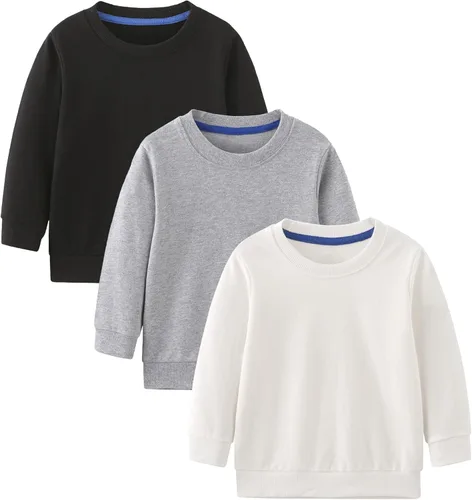 Vista 10 de GFQLONG Paquete de 2 sudaderas de algodón con cuello redondo para niños pequeños, camisetas de manga larga para bebé Negro+Gris