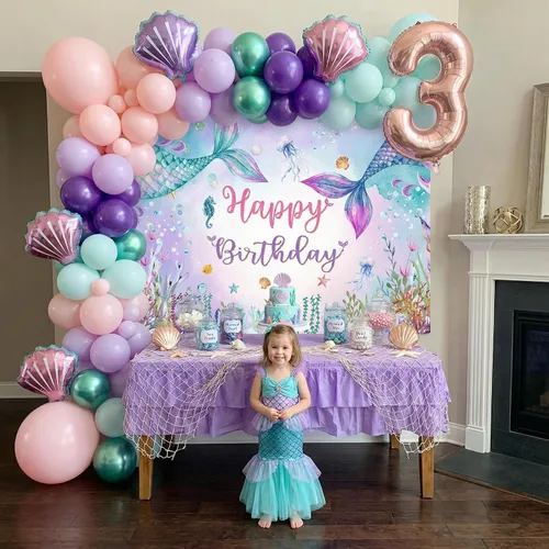 Vista 3 de Mocsicka Telón de fondo de cumpleaños de sirena de 7 x 5 pies, decoración de fantasía bajo el mar, decoración para niñas, fondo de fotografía