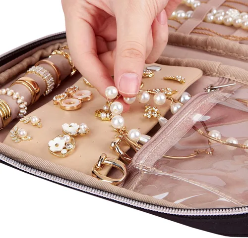 Vista 4 de BELALIFE Organizador de joyas de viaje, estuche portátil de almacenamiento de joyas para aretes, anillos, collares, pulseras, color negro