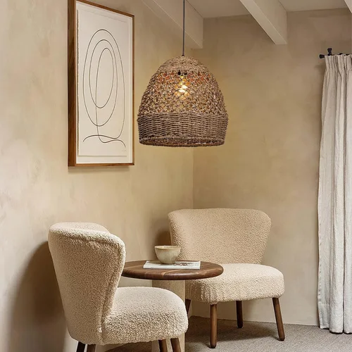 Vista 4 de Arturesthome Lámpara colgante tejida, moderna lámpara colgante bohemia con pantalla de ratán tejida a mano, lámpara colgante costera de granja
