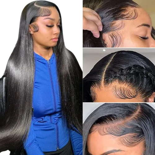 Vista 8 de Pelucas de encaje frontal rectas de cabello humano bunGiol pre arrancadas con cabello de bebé HD Pelucas de encaje frontal 13x4 sin pegamento