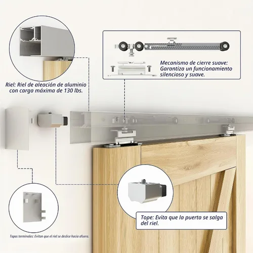 Vista 2 de JUBEST Kit de riel de puerta corredera de granero de 6 pies, riel de caja de aluminio montado en la pared, kit de herrajes para puertas de granero
