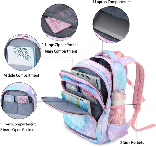 Vista 4 de YCBB Juego de mochilas escolares para niñas, Galaxy Princess, Mochilas de viaje