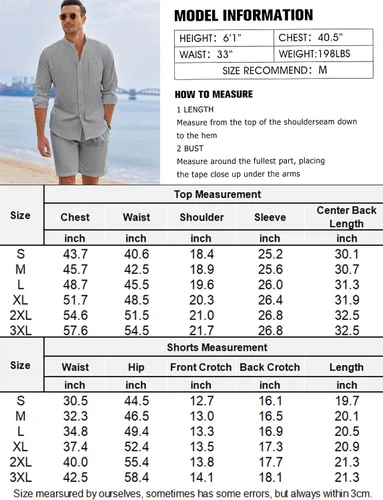 Vista 6 de COOFANDY Conjuntos de lino para hombre, 2 piezas, camisa de manga larga y pantalones cortos casuales con cordón en la cintura, trajes de verano