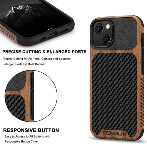Vista 5 de TENDLIN Compatible con iPhone 13 mini - Funda de grano de madera con textura de fibra de carbono, funda híbrida de cuero compatible con iPhone 13