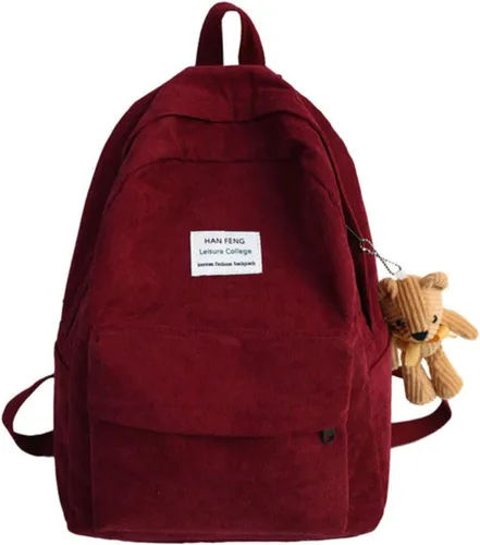 Vista 4 de YUESUO Mochila grande de pana Kawaii con bonito colgante de oso vintage para niña, estudiante, mochila escolar, Beige, Classic