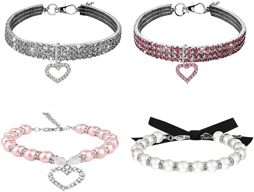 Vista 8 de Juego de Collar y Correa de Perro con Diamantes de Imitación y Perlas, Ajustable, Perros/Gatos Pequeños, Hembra, Elegante, Perla