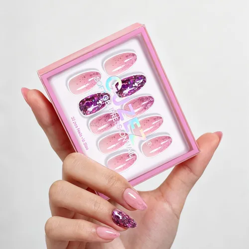 Vista 8 de Uñas cortas a presión de almendra, uñas con purpurina rosa degradado 3H-rosa con purpurina