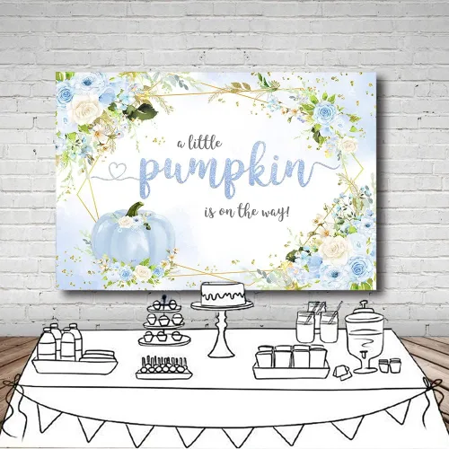 Vista 4 de MEHOFOND Telón de fondo de calabaza de otoño de 7 x 5 pies para niño, baby shower, decoración de fiesta de bebé azul floral para bebé, niño