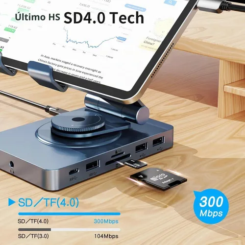 Vista 5 de Estación de acoplamiento USB C giratoria de 360° para iPad Pro, tableta, Samsung, Steam Deck, ROG Ally, Legion Go, Msi Claw, etc., 11 en 1 con Azul