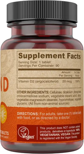 Vista 2 de DEVA Vitamina D2 vegana 800 UI, suplemento de ergocalciferol sin ingredientes animales, 90 tabletas, 1 paquete