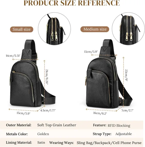 Vista 5 de S-ZONE Bolso bandolera para mujer, cangureras de cuero genuino con bloqueo RFID, bolsas cruzadas en el pecho, regalos para mujeres y hombres, Negro
