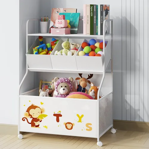 Vista 9 de BBLIKE Organizador de Almacenamiento de Juguetes con Ruedas - Caja de Juguetes Grande de 3 Niveles para Niños, Almacenamiento de Cofre de Juguetes