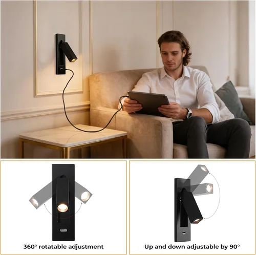Vista 2 de Luz de lectura montada en la pared con USB, luz LED de lectura de cabecera con interruptor, luces de lectura empotradas ajustables para cabecero