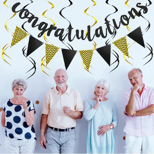 Vista 6 de Outus Pancarta de felicitaciones con purpurina preencordada con 12 espirales colgantes para bodas, jubilaciones, graduaciones, aniversarios, Dorado