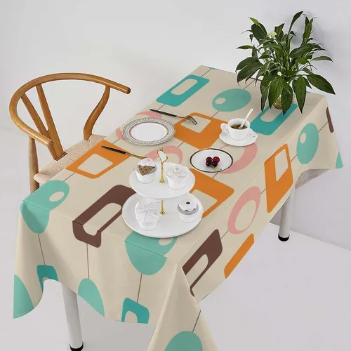 Vista 52 de Mantel retro moderno de mediados de siglo, diseño de colores retro de los años 50, resistente al agua, mantel lavable para cocina, comedor, fiesta