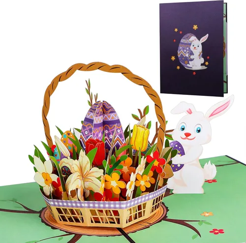 Vista 2 de D4DREAM Tarjeta desplegable de Pascua con sobre, 6 x 8 pulgadas, cesta de huevos de Pascua 3D, tarjeta de felicitación de conejo, ramo de flores
