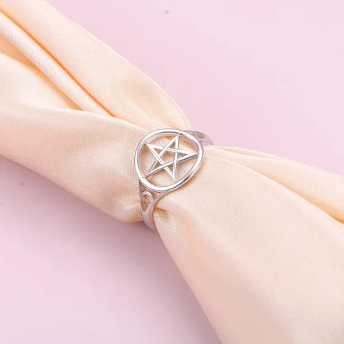 Vista 5 de Anillo de pentagrama y pentáculo de plata de ley S925 con amuleto de luna y bruja para mujeres y hombres