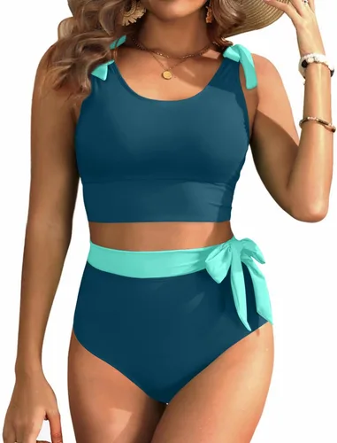 Vista 24 de Trajes de baño de dos piezas de cintura alta - Bikini con control de abdomen para mujer, traje de baño modesto 2 piezas 2025 Hot Red