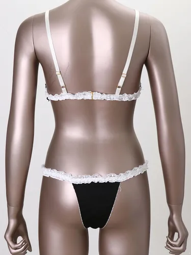 Vista 5 de dPois Womens Lace Trim Strappy Bra Tops with G-String Briefs Maid Cosplay Bikini Set