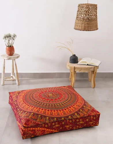 Vista 4 de Popular Handicrafts Funda de cojín de suelo – Funda de cojín de mandala de elefante hippie grande de algodón – Funda de puf redonda bohemia Azul
