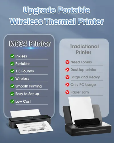 Vista 2 de Phomemo M834 Impresora Portátil Inalámbrica para Viajes Actualizada, Impresora Térmica Bluetooth 8.5" x 11" & A4, Compatible con iOS, Android y PC