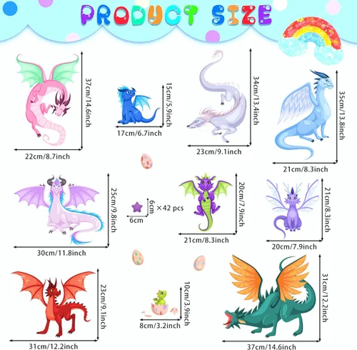 Vista 3 de Calcomanías creativas de pared de dragón de hadas, dibujos animados, alas grandes, dragones, huevos, estrellas, calcomanías de pared fáciles