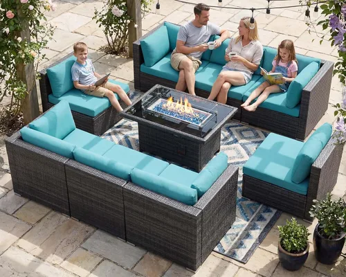 Vista 124 de NICESOUL Juego de muebles de patio de ratán extra grande con mesa para fogata de gas y propano, 29.3 pulgadas, respaldo alto, cómodos conversaciones
