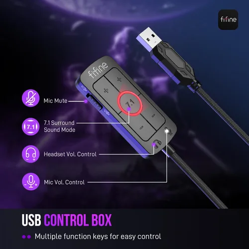Vista 8 de FIFINE Auriculares para juegos con cable, auriculares USB con sonido envolvente 7.1, micrófono desmontable, caja de control, conector de auriculares