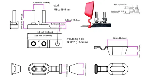 Vista 3 de Bloque de fusibles de terminal doble South Bend Components con clasificación marina (MRBF), 300A máx., 58V CC máx., IP 66, protegido contra