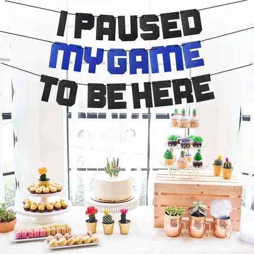 Vista 7 de Cartel con texto en inglés «I Paused My Game To Be Here» con texto en inglés «I Paused My Game To Be Here», decoración azul para fiestas