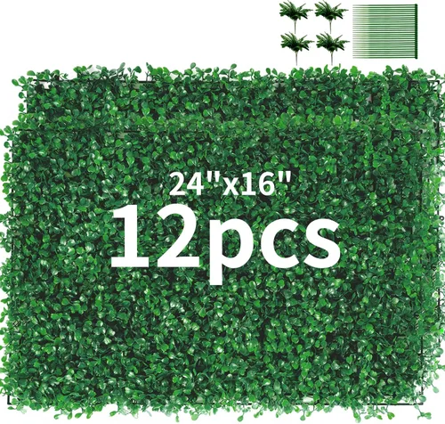 Vista 12 de TOPDEEP 12 piezas paneles de boj artificial de 24 x 16 pulgadas, panel de pared de césped, paneles de pared de seto de boj con protección UV