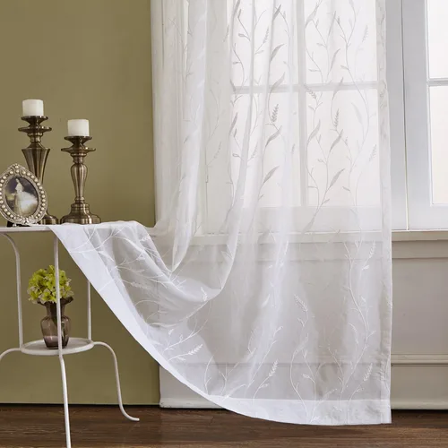 Vista 18 de Cortinas traslúcidas blancas de 63 pulgadas de largo, paneles de gasa bordada con hojas para cocina, sala de estar, dormitorio, ventanas pequeñas