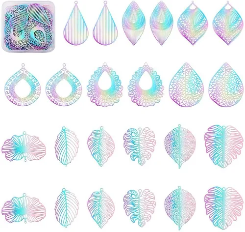 Vista 25 de FASHEWELRY 50 piezas de conectores de filigrana de mariposa de acero inoxidable, adornos de metal grabados con arco iris para fabricación de joyas