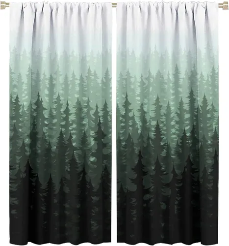 Vista 37 de BAEKJIN Cortinas verdes de bosque brumoso, acuarela, naturaleza, paisaje, plantas, árbol, bolsillo para barra, opacas, tratamiento de ventana